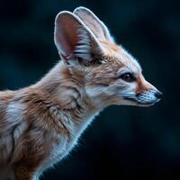Close-up profile of a Fennec Fox against a dark backdrop. photo
