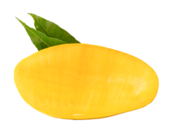 Ripe mango fruit in half with green leaves isolated with clipping path in file format png