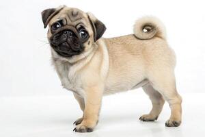 A Pug Puppy With A Very Cute Facial Expression Looking At The Camera Isolated On White Background photo