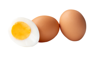 A horizon heap of raw brown chicken eggs and cooked or boiled chicken egg with egg yolk in half isolated with clipping path in file format png