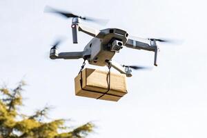 Drone Delivering Package In Midair Flying Over Sky Modern Parcel Delivery Solutions photo
