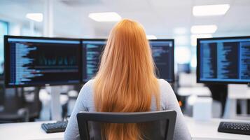 female computer programmer or software developer, woman writing program code on multiple monitor screens in office photo