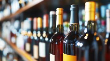 Wine bottles on shelf in alcohol shop or store photo
