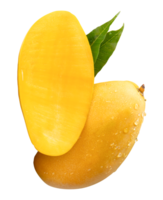 Ripe mango fruit and half with green leaves and water droplets in vertical heap isolated with clipping path in file format png
