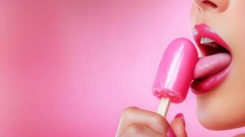 woman licking ice pop suggestively on pink background with copy space photo