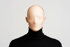 Faceless person or anonymous bald man hiding identity under stocking mask. prosopagnosia or face blindness concept. photo