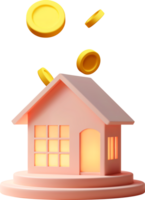 3D toy house on podium with falling coins png