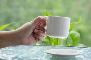 Hand holding a white cup with customizable space for mockup or text. Mockup concept photo
