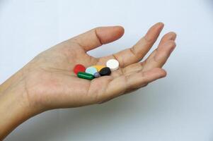 Hand showing variety of colorful pills and capsules with customizable space for text. Medical and health matters concept. photo
