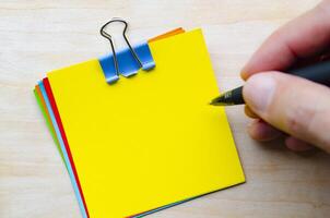 Top view of yellow notepad with customizable space for text photo