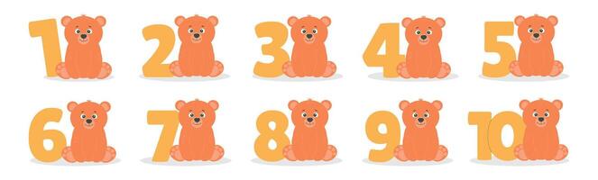 Cute bear character and number from 1 before 10 set. Beautiful elements for Kids Birthday Party invitation, greeting card, poster, event, prints and cake toppers design vector