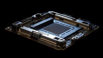 Modern microchip showing complex electronic circuitry on dark background photo