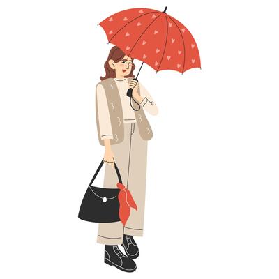 Flat Style Illustration of a Woman in Trendy Fall Casual Wear with a Heart-Patterned Umbrella, Stylish Rainy Day Look