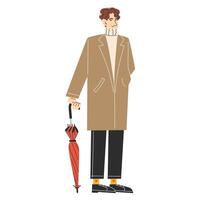 Flat Style Illustration of a Man in a Beige Overcoat with a Red Walking Umbrella, Stylish Fall Outfit vector