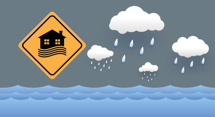 Flood area sign, natural disaster with house, heavy rain and storm , damage with home, clouds and rain, flooding water in city