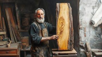 Skilled craftsman holding a large wood slab in a rustic workshop setting photo