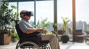 an elderly man sits in a wheelchair wearing virtual reality glasses in a room with large panoramic windows photo