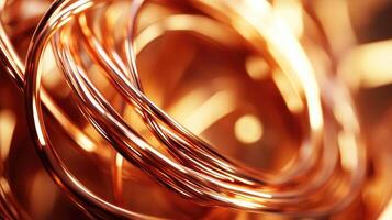 Close-up view of twisted copper wire coils reflecting warm light in a workshop setting photo