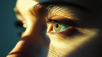 An artistic close-up reveals a captivating human eye with a mesmerizing mix of blue and green tones. photo