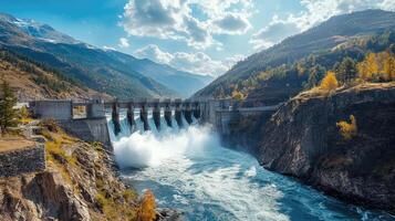 Water releases from a large dam surrounded by mountains under a bright sky photo