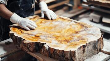 Craftsman shaping a wooden slab in a workshop with natural light and rustic tools photo