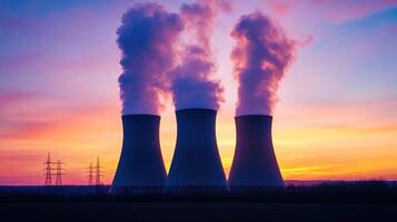 Cooling towers release steam during sunset near power lines and colorful sky photo