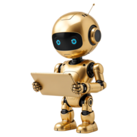 Metallic Gold AI Robot Using a Tablet on Transparent Background png