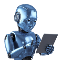Metallic Blue AI Robot Using a Tablet on Transparent Background png
