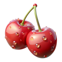 Two Glossy Red Cherries with Stems and Water Droplets on Transparent Background png