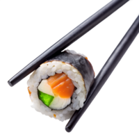 Sushi Roll with Salmon, Cucumber, Rice and Nori seaweed with Chopsticks on Transparent Background png