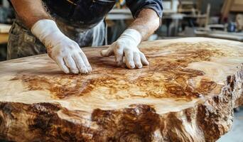 Craftsman refining a wooden tabletop in a workshop during the day photo