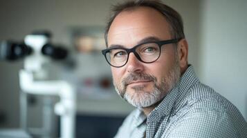 A confident middle-aged man with glasses poses in front of eye exam equipment. photo