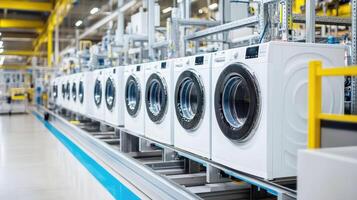 Modern washing machines line the assembly line in a large factory during daylight hours photo
