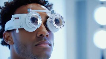 Black man wearing special glasses for vision testing in ophthalmology office close-up photo