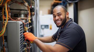 Technician servicing cooling unit in professional workshop during daytime hours photo