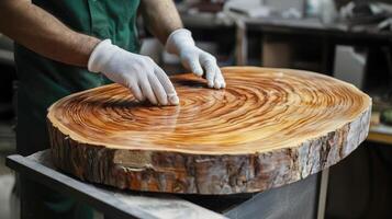 Hands of a carpenter in a carpentry workshop on a round smooth cut of a valuable wood trunk photo
