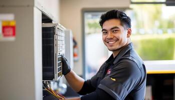Technician working on an air conditioning unit in a modern facility during daylight photo
