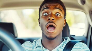 Man shows shock while driving a car in an unexpected moment during a sunny day photo