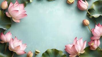 Beautiful lotus flowers arranged around a serene blue background in a tranquil setting photo