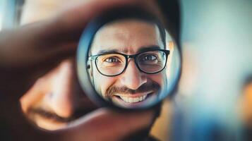 Man smiling while looking through a circular lens in a bright room photo