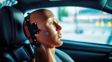 Testing advanced safety features with a crash test dummy in a vehicle photo