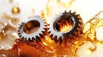 Metal gears splashing in clean motor oil create dynamic movement and visual impact photo