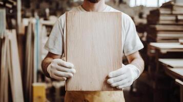 Craftsman holds a wooden plank in a workshop showcasing skill and craftsmanship photo