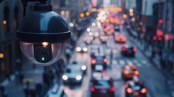 A security camera monitors the flow of traffic and pedestrians on a busy city street at dusk. photo
