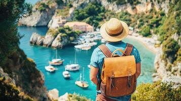 Man enjoying breathtaking coastal view while exploring a serene harbor at a sunny destination photo