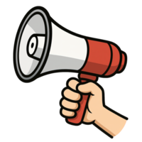 Hand holding a megaphone for announcement, loudspeaker symbol of communication, protest, public speech, activism, marketing, social message. png