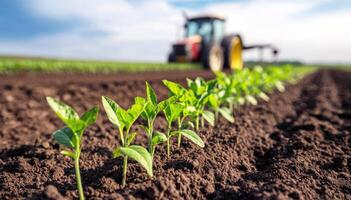Farmers cultivate young crops in sunlit field with tractor in the background photo