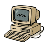 Retro computer and vintage PC illustration, old technology cartoon computer in 80s computer style for tech, design, and nostalgia themes png