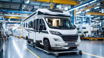 New camper van being assembled in a modern factory setting with advanced machinery photo