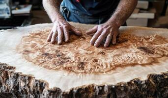 Craftsman skillfully inspecting a large wooden slab in a workshop setting photo